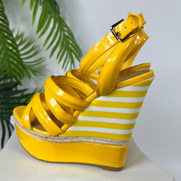 Vintage Y2K Yellow Striped Boho Strappy Open Toe Sandals Platform Wedge Heels /7 - Picture 4 of 8